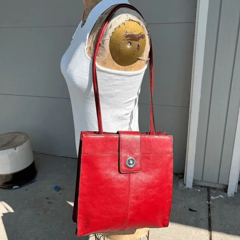 VTG Red Leather Tote Bag Structured Shoulder Purse Minimalist Office Chic